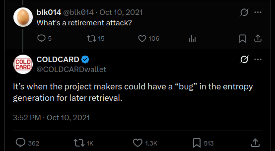 Coldcard 2021 retirement attack tweet
